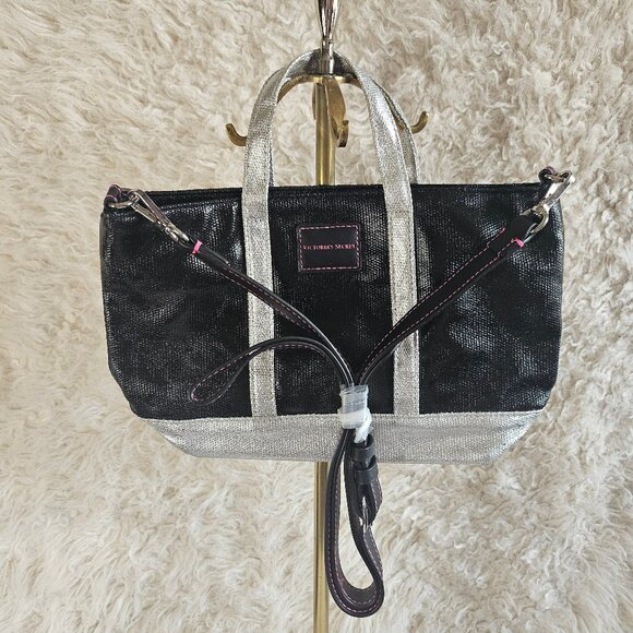 Victoria Secret Black and Silver Trim Coated Canvas Mini Tote Handbag Purse - Picture 1 of 9